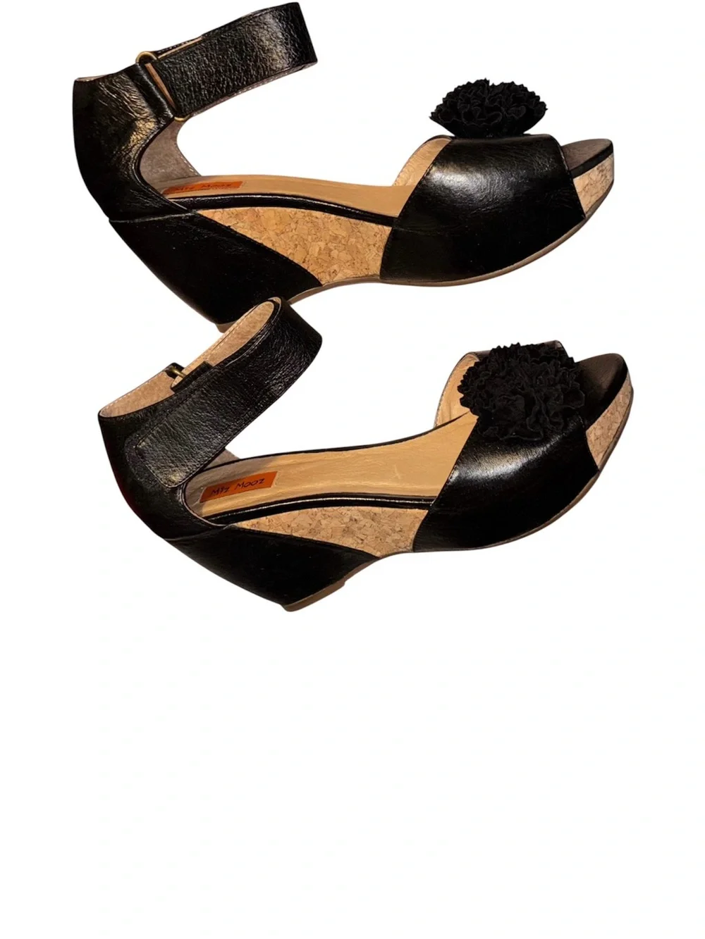Miz Mooz Yona Leather Black Open-Toe Ankle Strap Heels with Floral Pom Detail